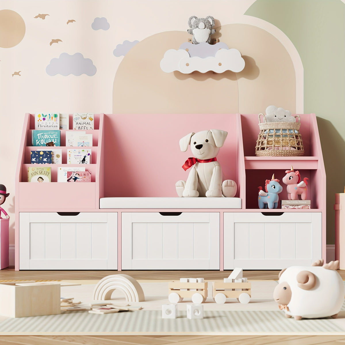 55.1'' White Bookshelf, Bookshelf With Reading Corner, Storage Cabinet With Seat Cushion And 3 Movable Drawers, Storage Bins And Storage Cabinet With Bench For Playroom, Living Room