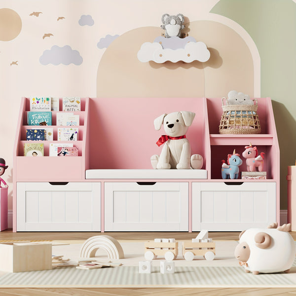 55.1'' White Bookshelf, Bookshelf With Reading Corner, Storage Cabinet With Seat Cushion And 3 Movable Drawers, Storage Bins And Storage Cabinet With Bench For Playroom, Living Room