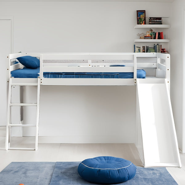 Modern Twin Size Loft Bed with Slide & Stairs, Solid Pine Wood, Space-Saving Design, Safety Guardrails, Anti-Slip Steps, Easy Assembly, Gray Finish for Youngsters' Room or Playroom, Youngsters' Room Furniture | Modern Aesthetic | Natural Finish Bed