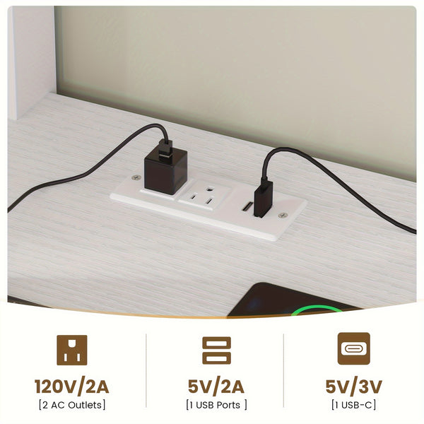 Loft Bed with L-Shaped Desk, Twin Size Bed with LED Lights and Charging Station, Twin Metal Loft Bed Frame with Drawers and Shelve, 13.4\