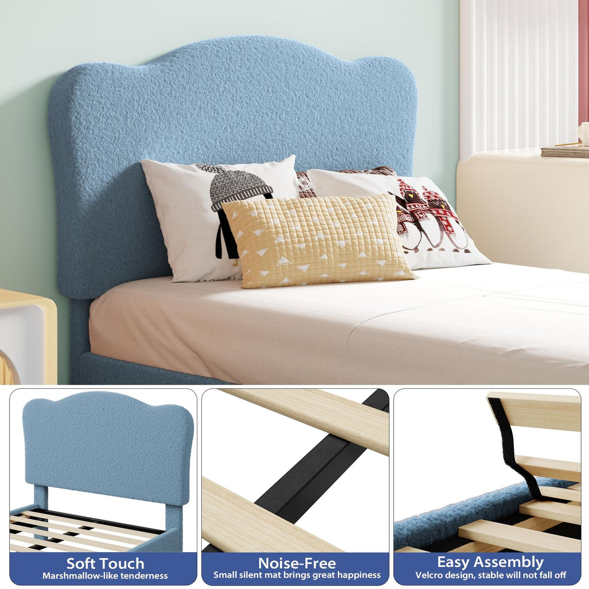 Upholstered Full Size Bed Frame for Kids, Cute Velvet Full Bed with Scallop Headboard, for Girls, Boys, Wooden Slats Support, Quick Assemply, Wooden Slats, Noise Free, Blue, Bed frame, suitable for the bedroom, cozy, as a gift, Bed for