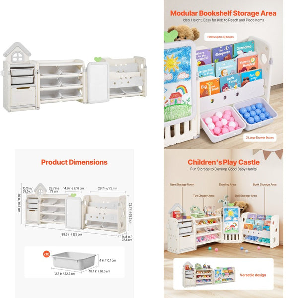 Serve with heart Toy Storage with Bookshelf 4-Tier Large Toy Storage Organizer with 10 Plastic Movable Bins Cubby Cabinet with Bookshelf and Drawing Board for Study Room Playroom Classroom Nursery Focus on quality