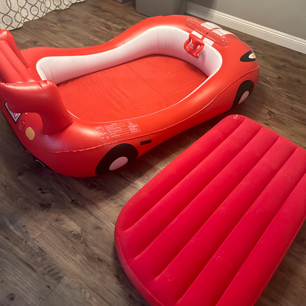 Inflatable Kids Bed with Sides - Race Car Design Portable Travel Bed with Hand Pump, Durable Plastic Construction & Safety Rails, Indoor\u002FOutdoor Air Mattress for Camping, Hotels, Home Use - No Assembly Required, Lightweight & Easy Setup
