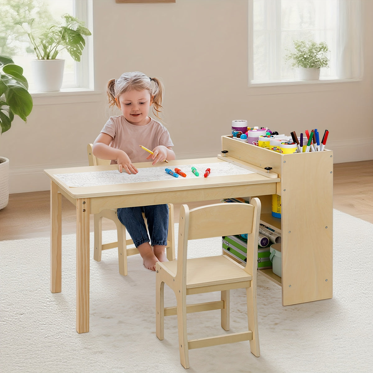 Wood Toddler Activity Table Wood Toddler Activity Table with 2 Chairs, Large Storage Shelves for Writing Drawing Suitable for Playrooms & Classroom