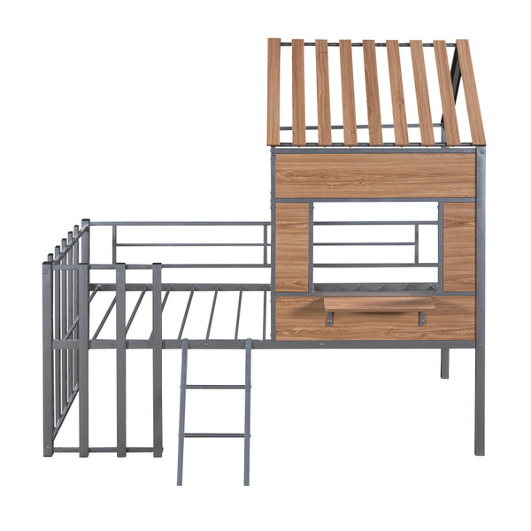 Metal Twin size Loft Bed with Roof Window Guardrail Ladder Silver