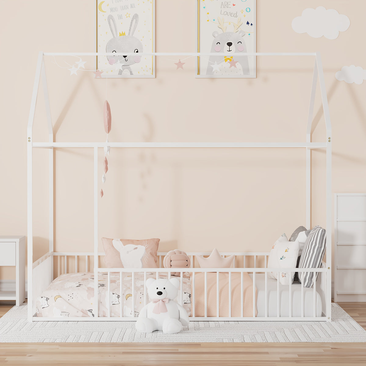 Twin\u002FFull Size Metal Floor Bed, Floor Bed Frame With Safety Fence For Bedroom, Can Be Decorated, No Box Spring Needed, Black And White