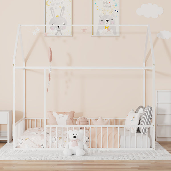 Twin\u002FFull Size Metal Floor Bed, Floor Bed Frame With Safety Fence For Bedroom, Can Be Decorated, No Box Spring Needed, Black And White