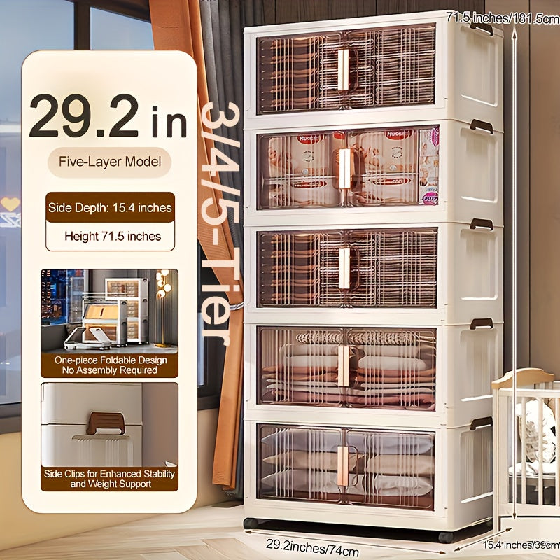 Stackable Storage Cabinet 5-Tier Stackable Plastic Storage Cabinet System - Large Capacity Organizer Bins with Doors & Wheels, Foldable Space-Saving Storage Solution for Home Organization, Easy Assembly for Bedroom, Living Room, Kitchen