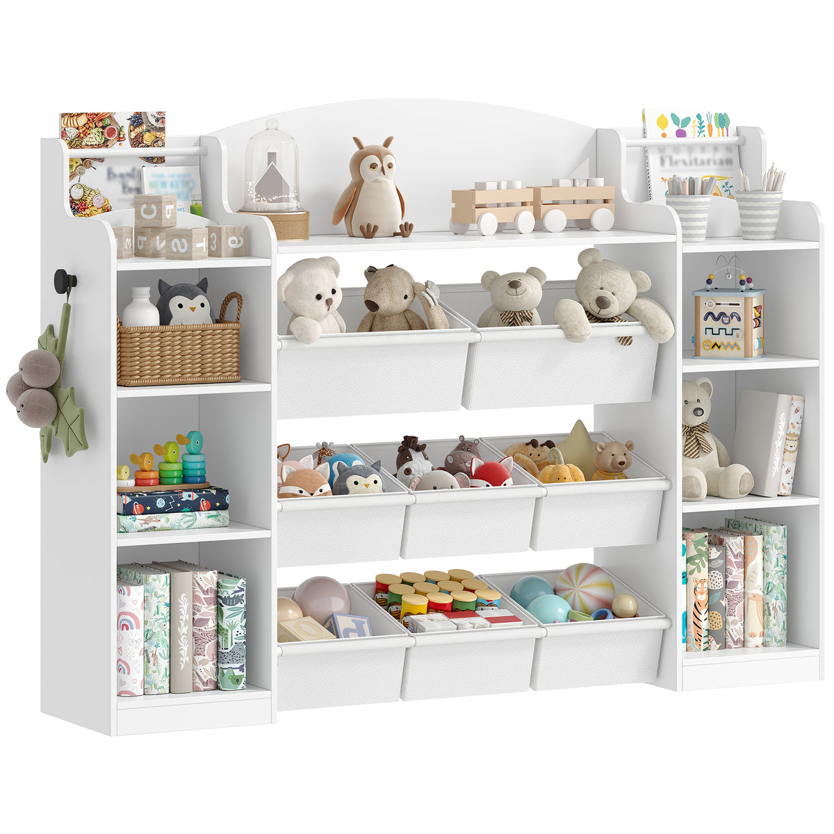 Kids Bookshelf, Toy Storage Organizer, Toy Shelf with 8 Storage Bins, 4-Tier Toddler Bookshelf for Children's Room, Bedroom, Playroom, Living Room, Study Room, Nursery White