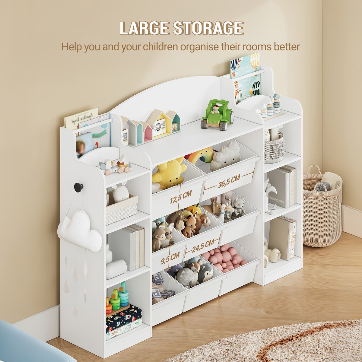 Kids Bookshelf, Toy Storage Organizer, Toy Shelf with 8 Storage Bins, 4-Tier Toddler Bookshelf for Children's Room, Bedroom, Playroom, Living Room, Study Room, Nursery White