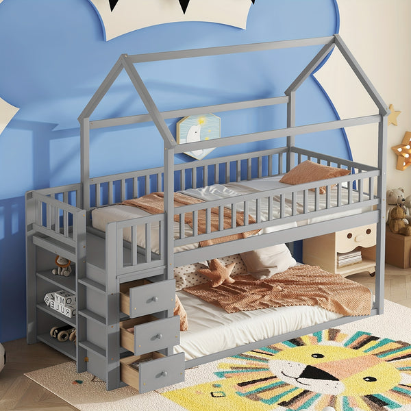 HOUSE BUNK BED WITH SHELVES AND DRAWERS FOR GREY COLOR