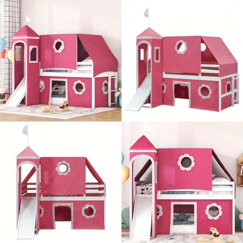 Twin Size Loft Bed with Slide Pink Tent and Tower Pink OLD SKU:WF532005AAH