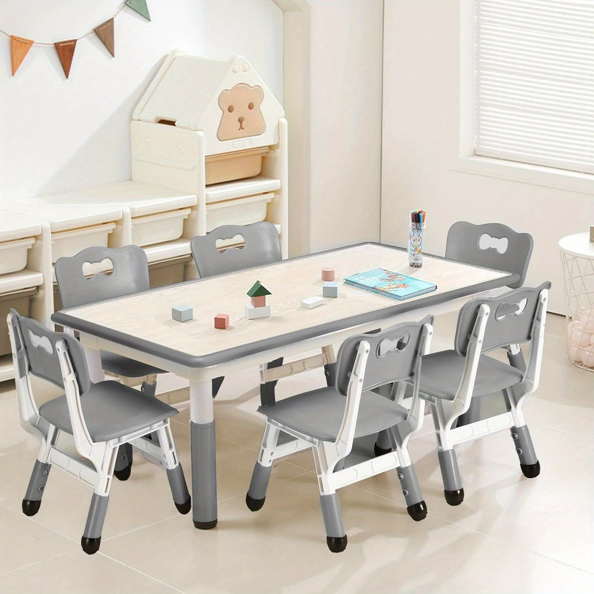 Children Table and Chairs Set, Height Adjustable Desk with Graffiti Desktop, Arts & Crafts Table with 6 Seats, Non-Slip Legs, Max 300lbs, Table and Chairs Suitable for Children Ages 3-10