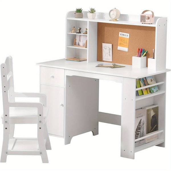 Study Desk and Chair Set for Children, Study Table for Children- Features Bookshelf, Bulletin Board, Cabinets and Drawer, White