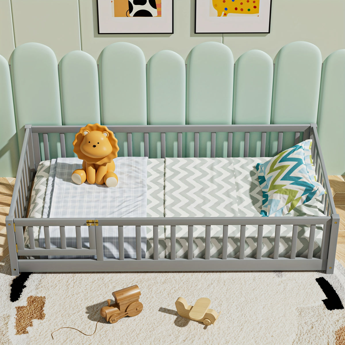 Kids' Double\u002FFull\u002FQueen Bed Frame, Solid Wood with Reinforced Horizontal Bars, High-Safety Safety Rail and Fun Small Door Design, Durable Bed Suitable for Girls and Boys, Helps Develop Independence, Easy to Assemble