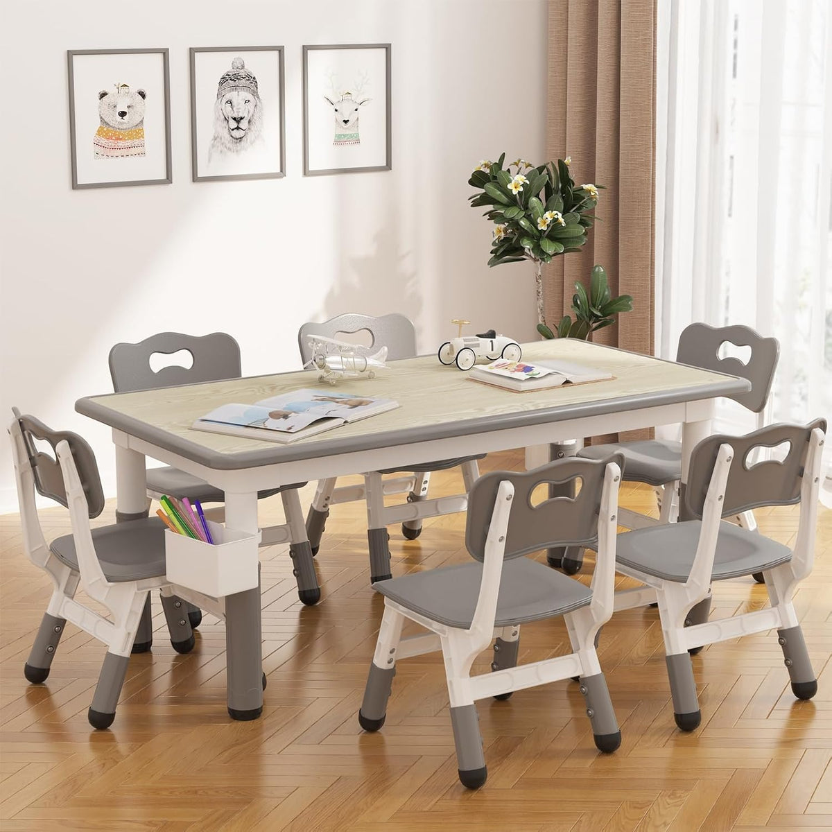Kids Table and 6 Chairs Set, Height Adjustable Children Table Chair, Anti-Slip Floor Mats Particle Board Easy to Clean Desktop Includes Storage Box and Color Pens for Classrooms Homes Daycares