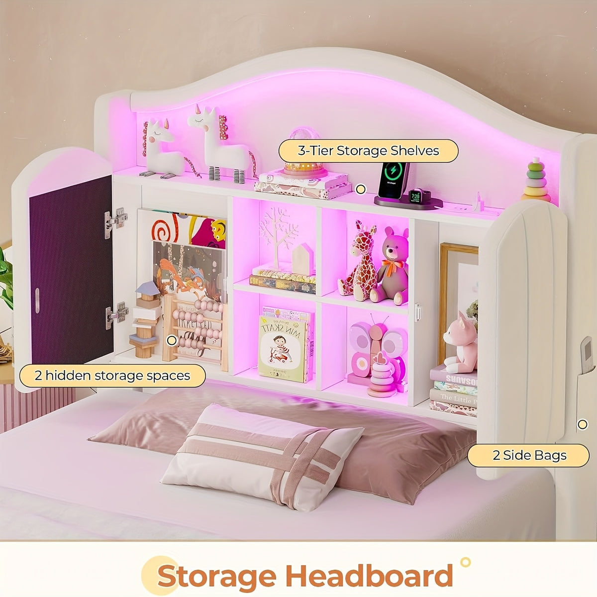 Upholstered Princess Twin Bed with LED Lights & Power Outlts, Storage Headboard Platform Bed