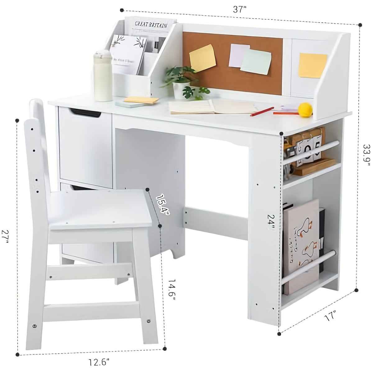 GAOMON Study Desk And Chair Set, Wooden School Learning Table With Storage, Hutch And Bulletin Board, Children Computer Desk With Chair, Small Toddler Desk For Home, School, White
