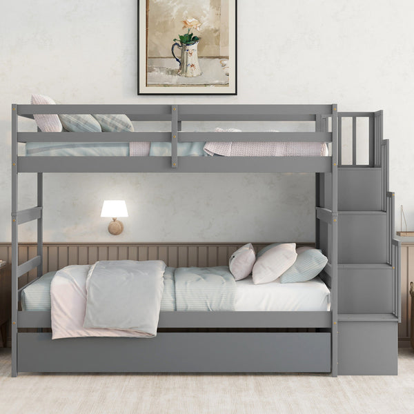 RIDFY Twin over Twin Bunk Bed with Twin Trundle & Stairway Storage - Space-Saving Hardwood Frame, Retro Style, Easy Assembly, Grey - Ideal for Youngsters' Rooms, Guest Bedrooms, Dorms