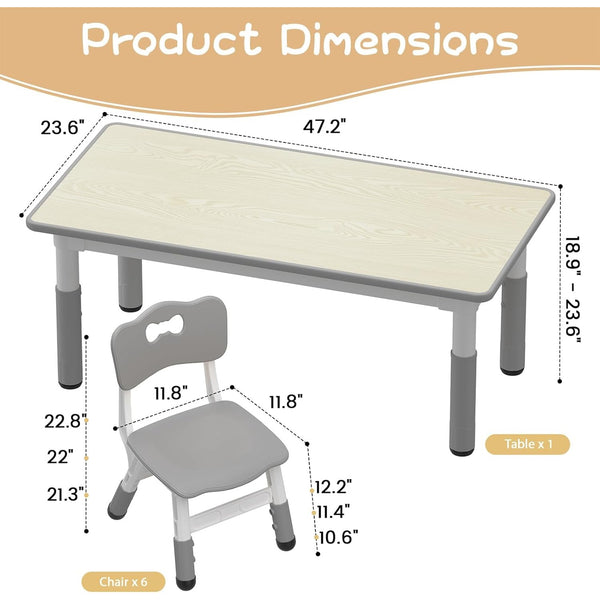 Kids Table and 6 Chairs Set, Height Adjustable Children Table Chair, Anti-Slip Floor Mats Particle Board Easy to Clean Desktop Includes Storage Box and Color Pens for Classrooms Homes Daycares
