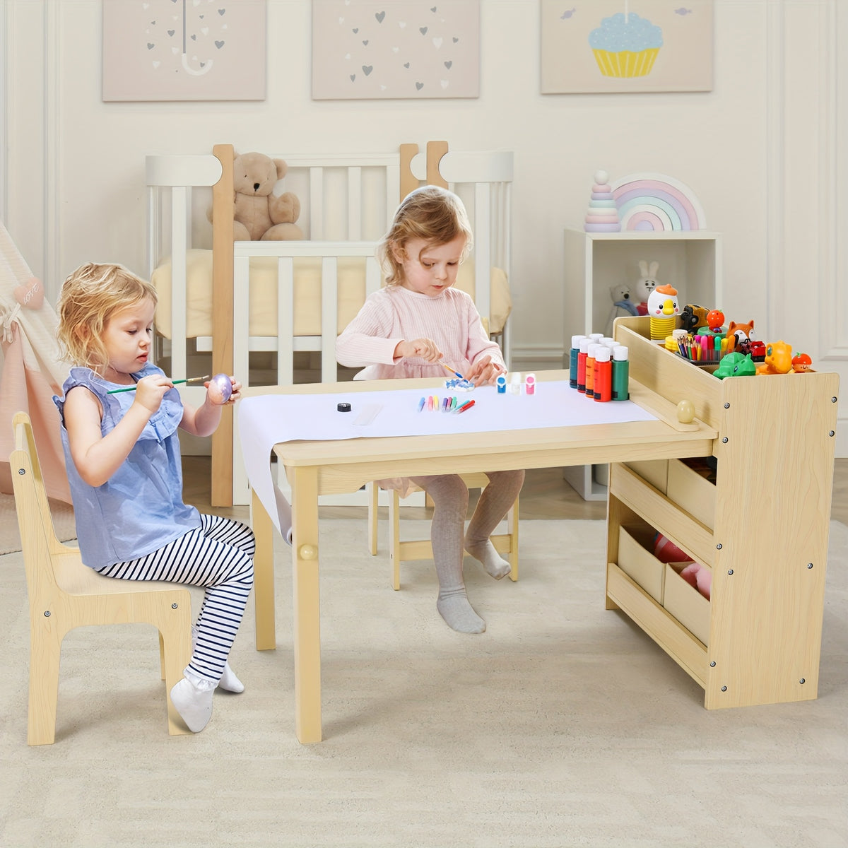 Children'S Table With 2 Chairs, Children'S Seating Group With Storage Space, Wooden Children'S Table Chair Set, Painting Table Desk With Paper Roll And 4 Storage Boxes, Children'S Table For School Daycare