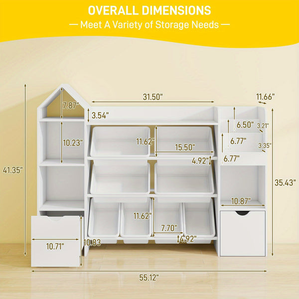8-Bin Storage Organizer 8 Removable Bins, 4-Tier Shelf with 4 Cubbies Multifunctional Storage Organizer | Bookshelf and 2 Storage Boxes on Wheels, for Living Room, Office, Entryway, White