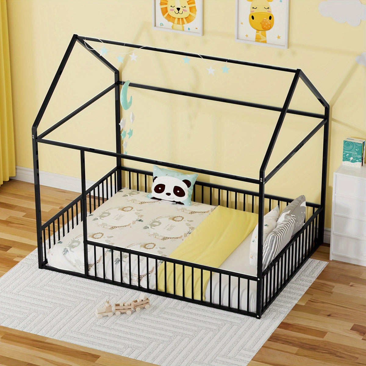 Twin\u002FFull Size Metal Floor Bed, Floor Bed Frame With Safety Fence For Bedroom, Can Be Decorated, No Box Spring Needed, Black And White