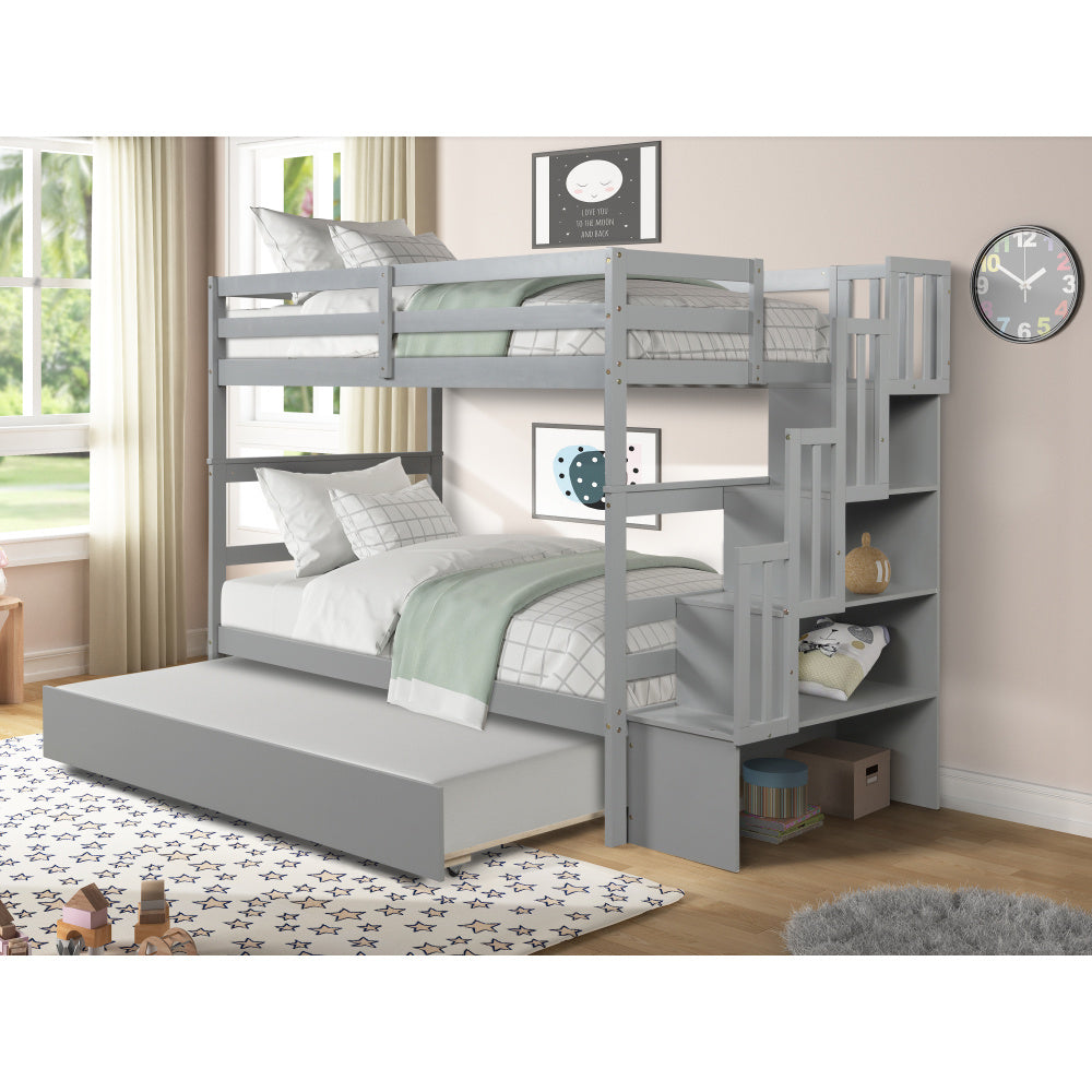 RIDFY Twin over Twin Bunk Bed with Twin Trundle & Stairway Storage - Space-Saving Hardwood Frame, Retro Style, Easy Assembly, Grey - Ideal for Youngsters' Rooms, Guest Bedrooms, Dorms