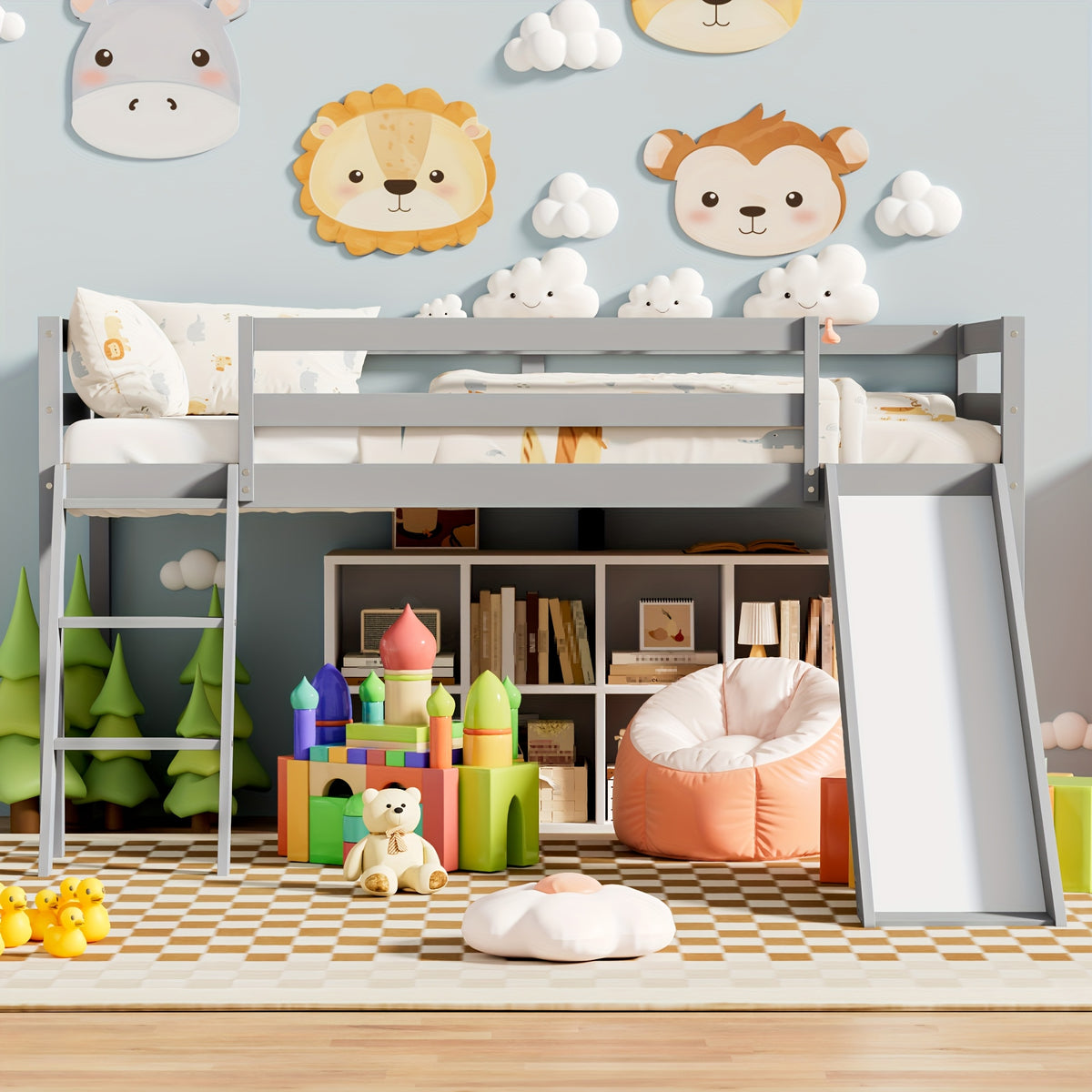 Twin Loft Bed With Slide And Ladder, Solid Pine Wood Bed Frame With Storage Space, Low Height Design, Interchangeable Ladder & Slide, Safety Guardrails