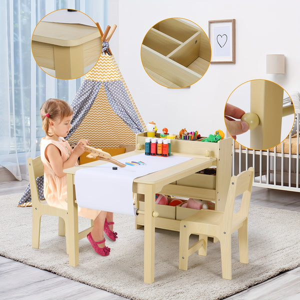 Children'S Table With 2 Chairs, Children'S Seating Group With Storage Space, Wooden Children'S Table Chair Set, Painting Table Desk With Paper Roll And 4 Storage Boxes, Children'S Table For School Daycare