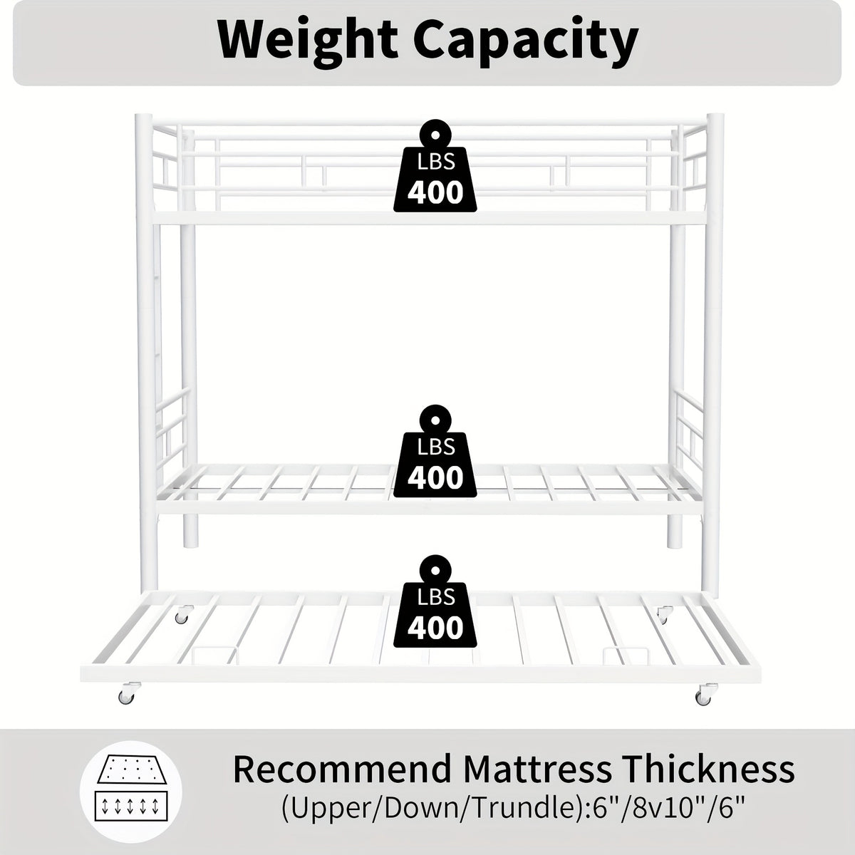 Twin Over Twin Bunk Bed With Trundle, Metal Bunkbeds With Ladder And Full-Length Guardrail, Noise Free, No Box Spring Needed