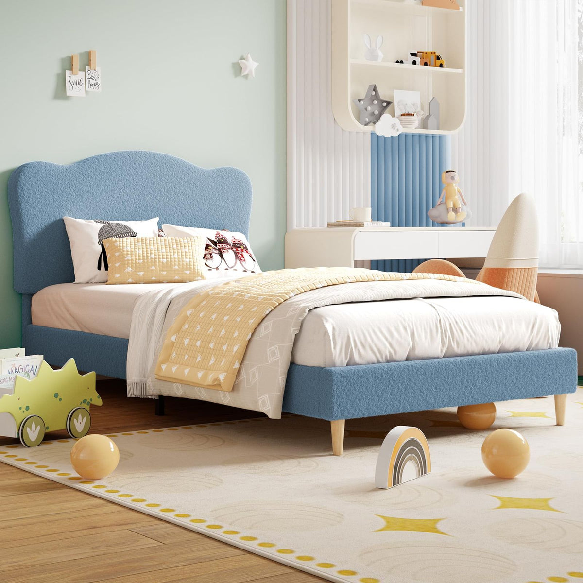 Upholstered Full Size Bed Frame for Kids, Cute Velvet Full Bed with Scallop Headboard, for Girls, Boys, Wooden Slats Support, Quick Assemply, Wooden Slats, Noise Free, Blue, Bed frame, suitable for the bedroom, cozy, as a gift, Bed for