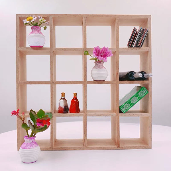 16-Grid Miniature Dollhouse Cabinet - Beige & White Mini Furniture with 16 Compartments, Realistic Display Case for Dollhouse, Dolls, Miniature Collections - Compatible with Dolls House International (DHI) & Model Rooms