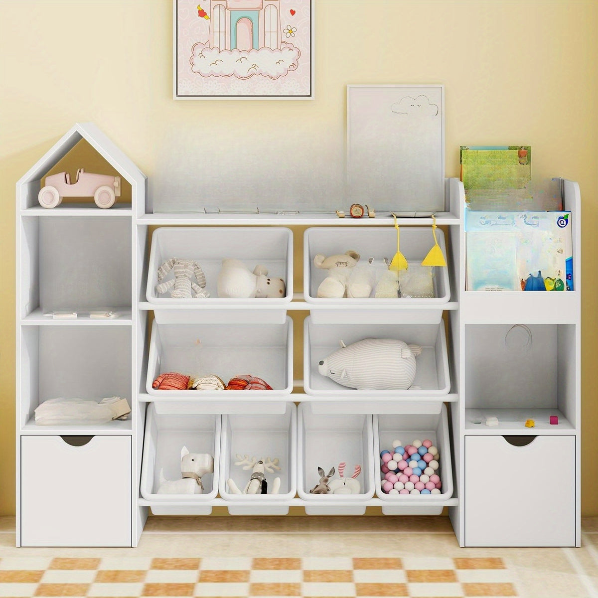 8-Bin Storage Organizer 8 Removable Bins, 4-Tier Shelf with 4 Cubbies Multifunctional Storage Organizer | Bookshelf and 2 Storage Boxes on Wheels, for Living Room, Office, Entryway, White