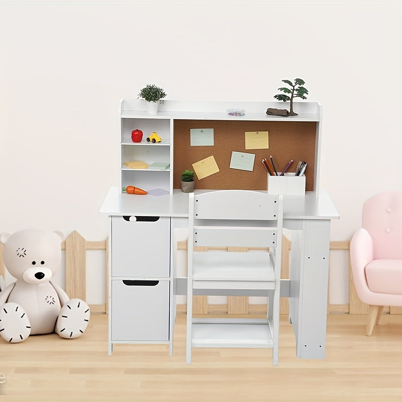 Kids Study Desk With Chair, Kids Desk And Chair Set For 3-8 Years Old, Wooden Study Desk With Open Shelf & Storage Cabinet, Student Computer Workstation & Writing Table For Home School Use