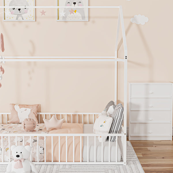 Twin\u002FFull Size Metal Floor Bed, Floor Bed Frame With Safety Fence For Bedroom, Can Be Decorated, No Box Spring Needed, Black And White