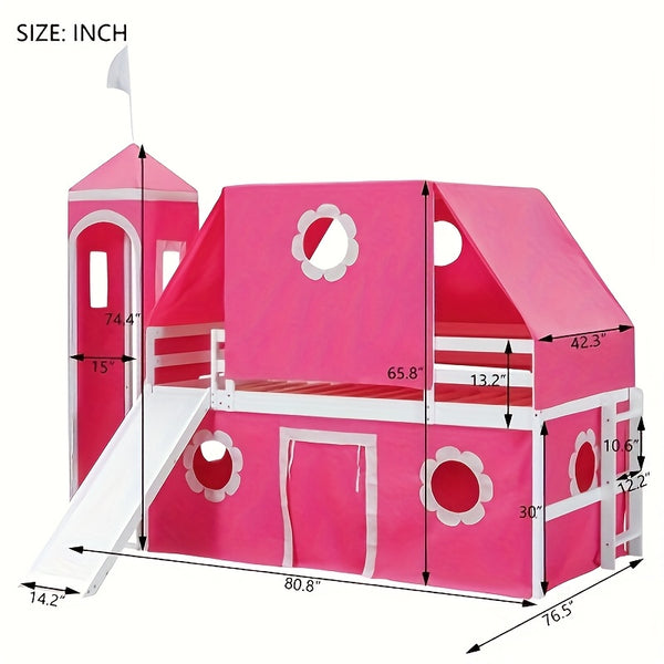 Twin Size Loft Bed with Slide Pink Tent and Tower Pink OLD SKU:WF532005AAH