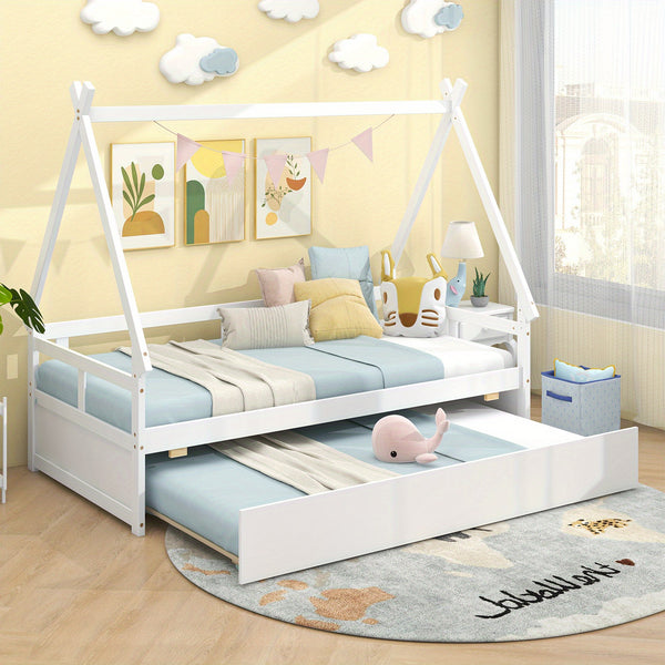 Charming Twin House Bed with Trundle - Sturdy Wooden Frame, Safety Guardrail & Roof - Perfect for Youngsters' Room Decor, No Box Spring Needed, Grey\u002FWhite