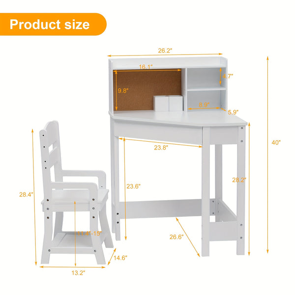 Kids Desk And Chair Set, Wooden Corner Study Table With Bookshelf, Bulletin Board, And Pen Holder, Writing Table