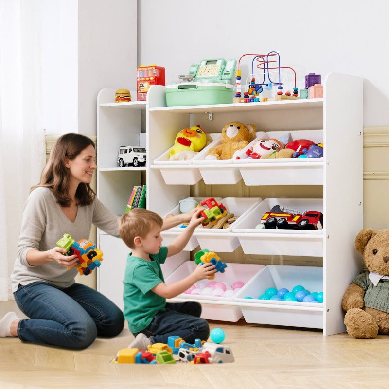 Quality Assurance Toy Storage and Bookshelf 4Tier Toy Storage Organizer with 8 Flexible Plastic Bins Cubby Cabinet with Bookshelf for Study Room Bedroom Playroom Classroom Nursery White Currently on sale