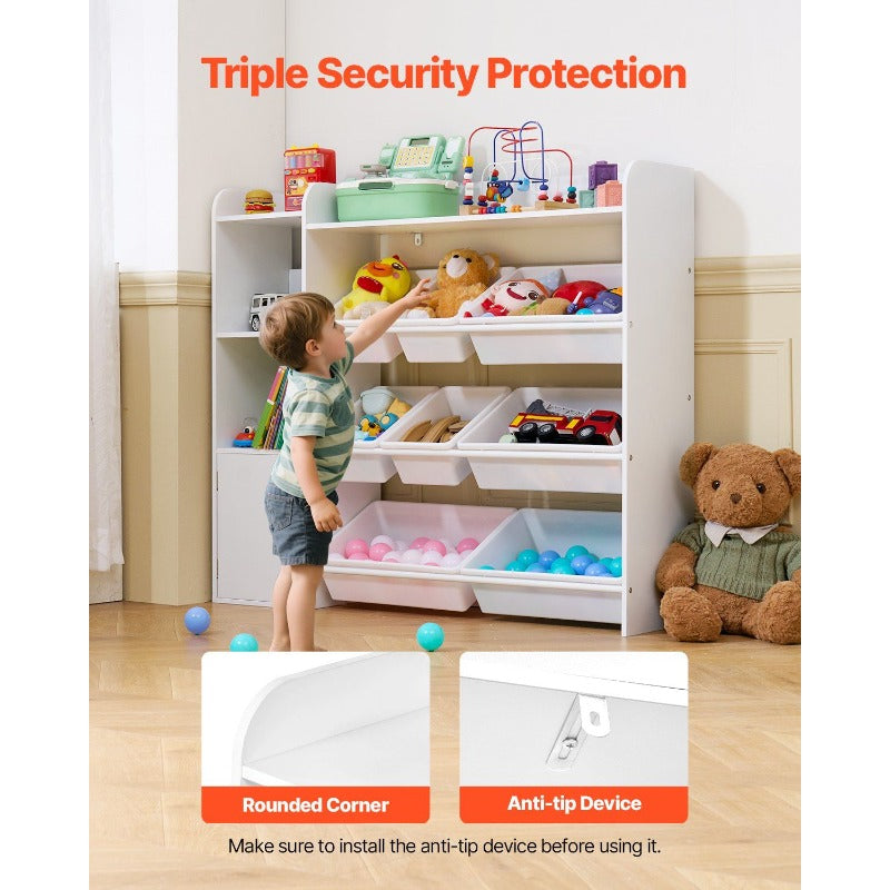 Quality Assurance Toy Storage and Bookshelf 4Tier Toy Storage Organizer with 8 Flexible Plastic Bins Cubby Cabinet with Bookshelf for Study Room Bedroom Playroom Classroom Nursery White Currently on sale