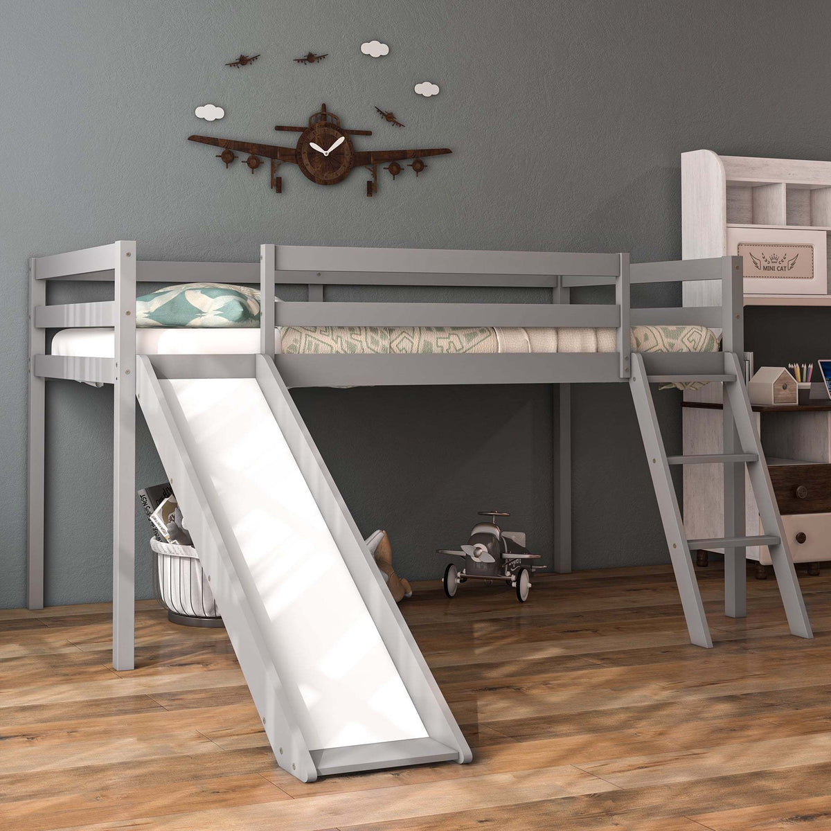 Wooden double-decker loft bed with ladder and storage space, suitable for Youngsters and Youngsters