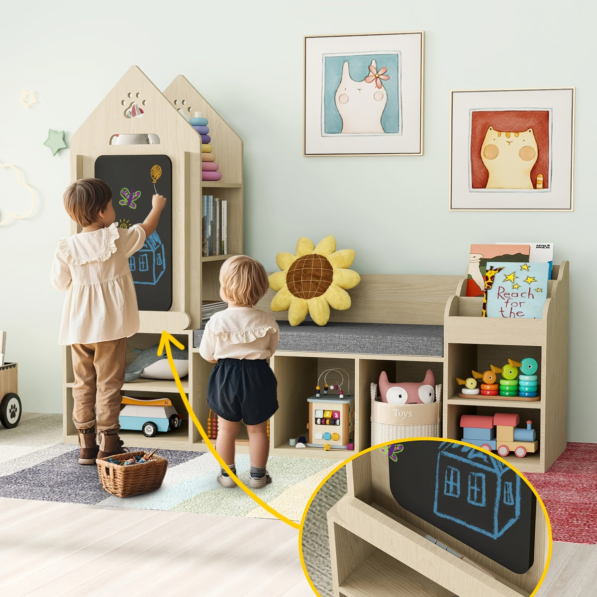 Kids Bookshelf With Cozy Reading Corner, Wooden Toy Organizer With Bench And Chalkboard, Toy Storage For Bedroom, Nursery, Or Playroom, Natural Oak Finish