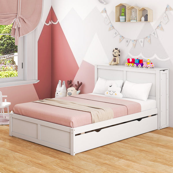 COSTWAY Contemporary Hardwood Bed Frame with Trundle, Wood-Based Panel & Solid Wood, High Headboard & 2 Rolling Bookcases, Storage Platform Bed, with No Box Spring Required for Kids