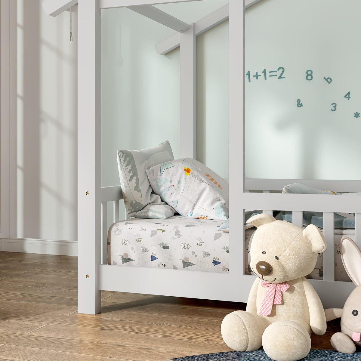 SOGES Wood Montessori House Bed Frame – Low Floor Bed With Fence & Guardrails, Bed Frame With House Roof Canopy, Decoratable Playhouse Bed, No Box Spring Needed
