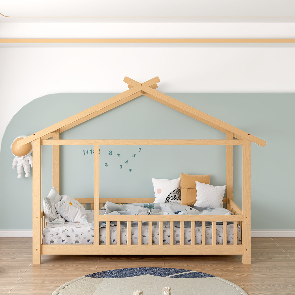 SOGES Wood Montessori House Bed Frame – Low Floor Bed With Fence & Guardrails, Bed Frame With House Roof Canopy, Decoratable Playhouse Bed, No Box Spring Needed