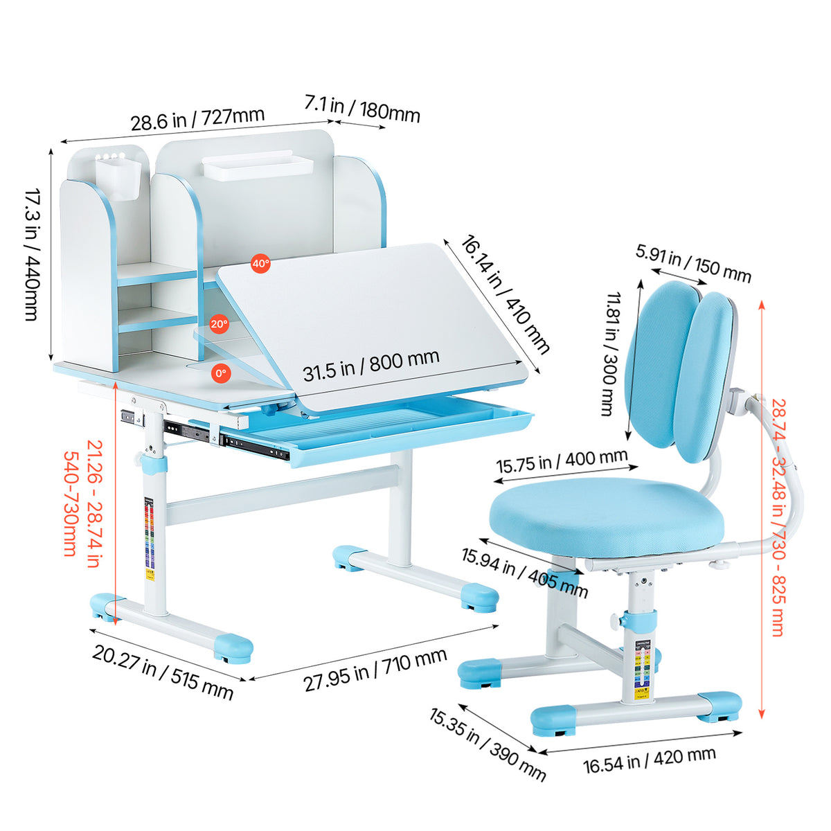VEVOR Kids Study Chair and Desk Set, Study Desk and Chair for Kids with Bookshelf and Storage Drawer, Adjustable Height Kids Study Desk with Chair, Children Study Table for Bedroom & Study Room, Pink\u002Fblue 20.5-40.34inch\u002F20.5-43.5inch