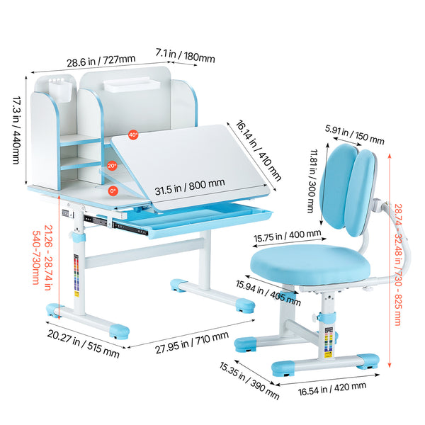 VEVOR Kids Study Chair and Desk Set, Study Desk and Chair for Kids with Bookshelf and Storage Drawer, Adjustable Height Kids Study Desk with Chair, Children Study Table for Bedroom & Study Room, Pink\u002Fblue 20.5-40.34inch\u002F20.5-43.5inch