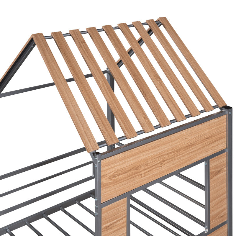 Metal Twin size Loft Bed with Roof Window Guardrail Ladder Silver