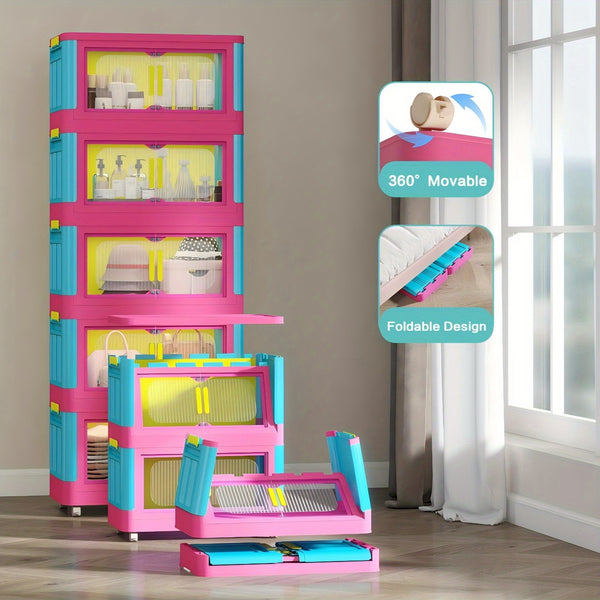 Dopamine Color Storage Organizer 4\u002F5-Tier Foldable Waterproof Storage Box Set | 360° Rotating Wheels & Magnetic Closure | Durable PP Material | Stackable Design | Ideal For Living Room, Office, Bedroom & Pet Supplies 5Tier(19.69x11.81x50 Inches)